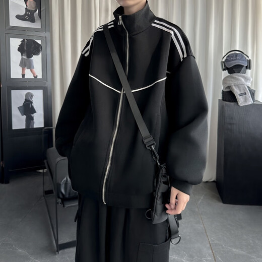 Pocket stand collar jacket men's spring and autumn new American trendy brand contrasting color striped handsome teenagers casual tops floral gray XL recommended 130-150Jin Jin equals 0.5 kg