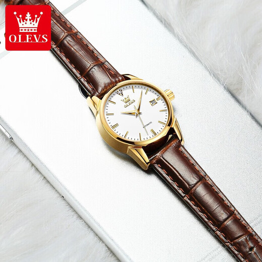 Olevs Marca Matrícula Mujer Mecánica Matrimonio Simple Watch Women's Womenus Luminoso Hollow Diamond Fashion Watry's Watch Olevs-6629 Surfán de cuero marrón mujer de cuero marrón