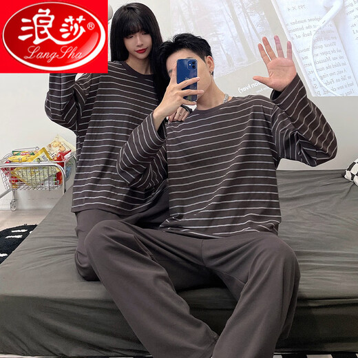 
Langsha's new couple's pajamas in spring and autumn new long-sleeved pure cotton men and women's simple and high-end striped home clothes two pieces BG_15567# double length dark gray stripes M women