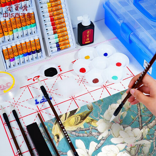 Rongbaozhai Chinese painting paint tool set for beginners, students, children's ink painting, Chinese painting and brush supplies, entry-level set of 12 colors, practical 15-piece set (including storage box)