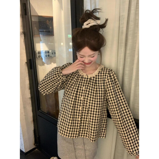 Moyiya (Moyiya) [826 personnes Collection] Sweet Plaid Lace Lace Round Coud Plaid Plaid Long à manches pour femmes Spring New Style Black [peut être porté pendant toutes les saisons] Recommandé 116-125 Jin [Jin équivaut à 0,5 kg] xl