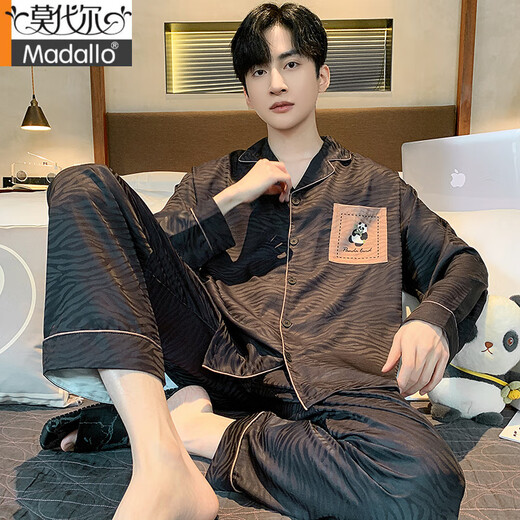 Modal light luxury pajamas for men spring and autumn summer ice, thin silk long sleeve trousers loose large size silk 2025 new set 838# V-shaped bear-Mist gray [Grey silk] 2XL [150-180Jin[Jin equals 0.5 kg]]
