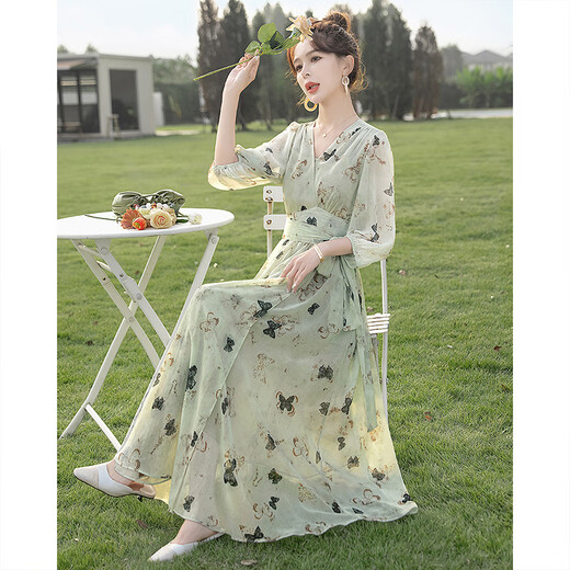 Robe imprimée de la maison Cypress 2025 printemps et été de la manche en V Nouveau-couches en V