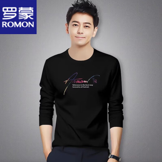 ROMON long-sleeved T-shirt men's spring and autumn new sweatshirt large size trendy slim printed round neck top T-shirt bottoming shirt long-sleeved RM1117 black M