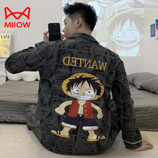 Cat Man (MiiOW) Pure Cotton Men's Pajamas Spring and Autumn Teenagers Cartoon Student Cardigan Large Size Men's Long Sleeve Trousers Home Clothing 9901 (Long Sleeve Cardigan) L