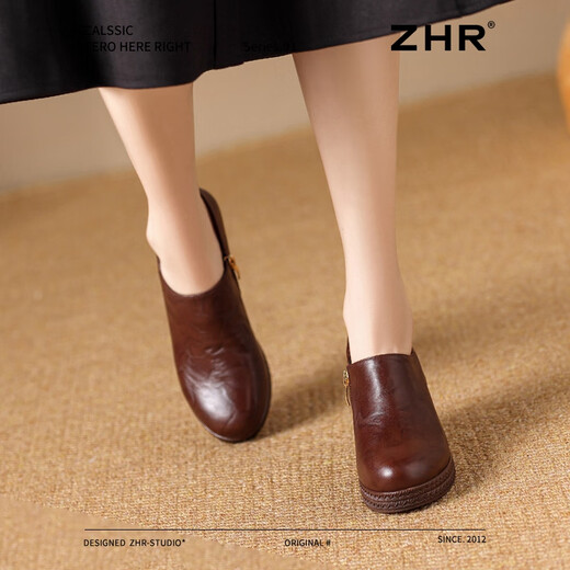 ZHR head layer cowhide mother shoes heel thick sole heightened single shoes for women commuting deep mouth women's shoes S650 brown 37