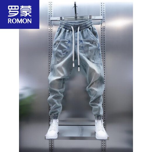 罗蒙（ROMON）2025春秋季水洗牛仔裤男大口袋束脚哈伦裤浅蓝色痞帅束脚休闲裤 浅蓝色 32 建议135-150斤
