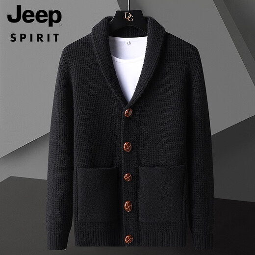 JEEP SPIRIT Thick Thread Sweater Jacket Men's Green Fruit Collar Cardigan Sweater Loose Large Size Retro Japanese Thickened Sweater Black L 170