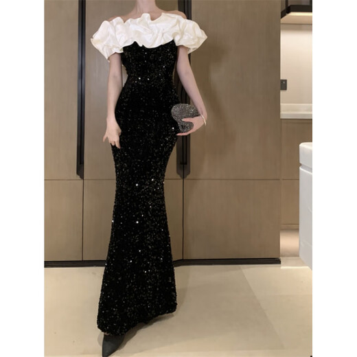 Chuangjing Yi selected annual meeting dress for women, high-end Hepburn style French one-shoulder velvet dress, elegant, light and luxurious, ladylike temperament, bright black, follow the store for preferred delivery L