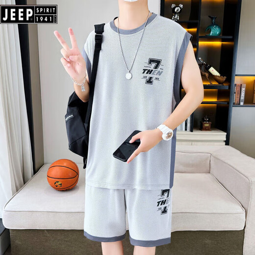 JEEP SPIRIT夏季男学生无袖冰丝网眼运动套装背心透气速干初高中篮球服男生男 6636浅蓝色 3XL[160-185斤]