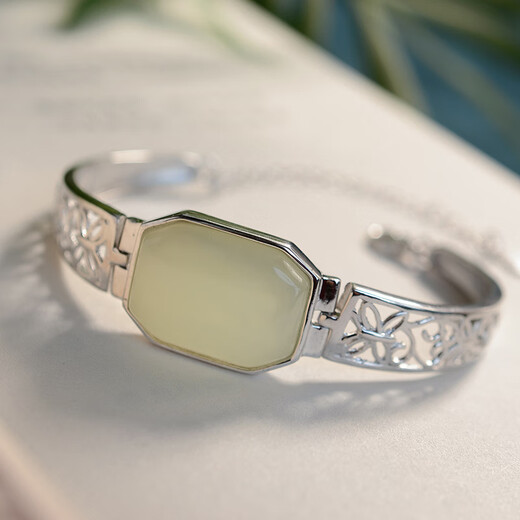 Mo Qianxue Ping An Wu Shi brand 925 silver hollow bracelet new Chinese style Hetian jade bracelet jade bracelet open Chinese style half bracelet for women hollow Hetian jade bracelet