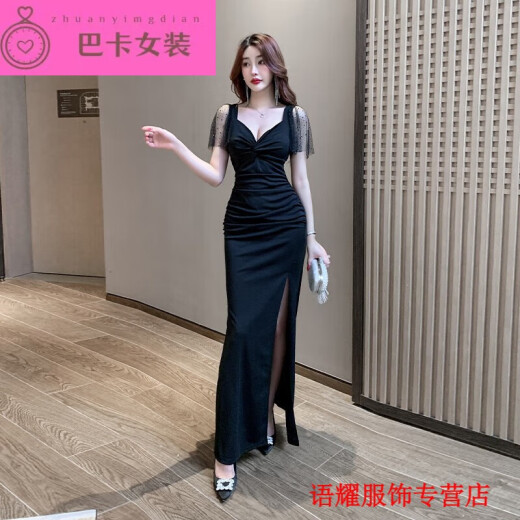 NJTD新款性感液场长裙洗浴桑拿技师气质晚礼服长款酒吧工作服 b3883黑色 S