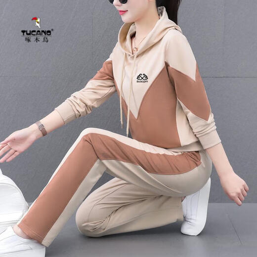 啄木鸟品牌运动服套装女春秋新款中青年大码宽松卫衣外套休闲两件套潮 9196红色 M建议75-98