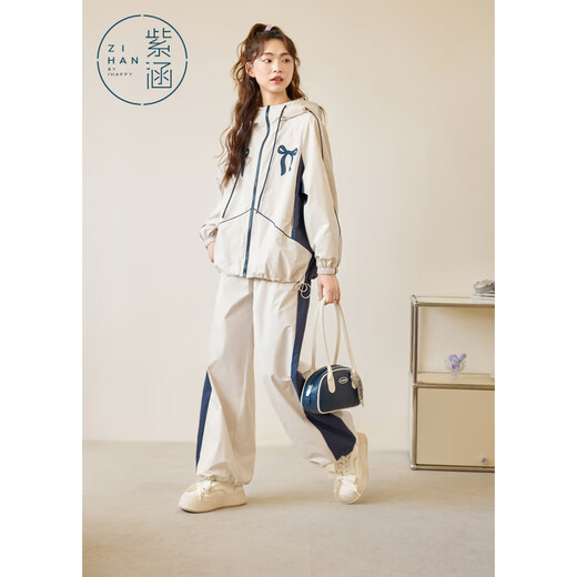 Zihan (ZIHAN) Zihan Bow Contrast Color Splicing Hooded Jacket Wide Leg Casual Pants Two-piece Suit Women's 2025 Spring New Beige XS