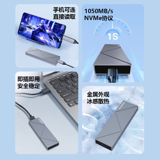 Flash Mobile Solid State Drive PSSD Mobile Type-C Computer External Hard Drive Solid State Nvme Protocol Supports Apple iPhone16 Mobile Direct Connection High-speed Transmission 1050MB/S [512G] M20 Gray 1050MB/S