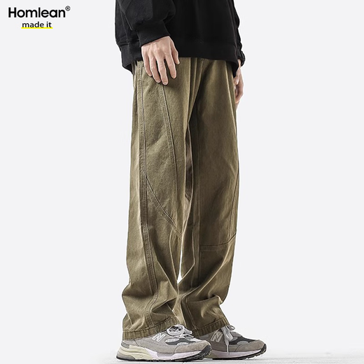 Homlean美式纯棉休闲裤男春夏小众潮牌复古宽松工装长裤子HS60卡其色2XL