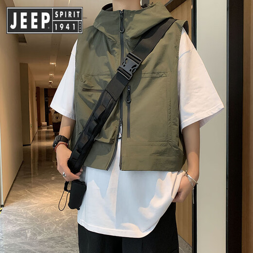 Jeep Spirit Jeep Sommer Kapuze -Weste Japaner Retro Fashion Lose Trendy Brand Evergrande Hip Kapuze arbeiten ärmellose Weste außerhalb schwarzer XL