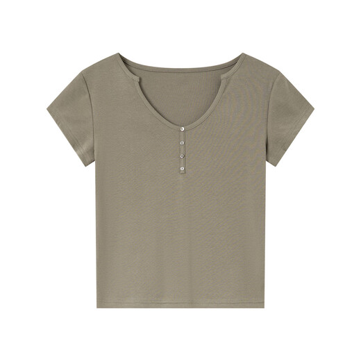 Vanciman Feste Farbe U-Neck Kurzärärmelte T-Shirt für Frauen im Sommer 2025 Neu einfaches und vielseitiges Schlankes Fit Top M9731 Grey-Green L.