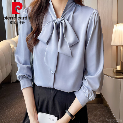 皮尔卡丹（pierre cardin）杭州真丝衬衫女长袖春装新款法式蝴蝶结衬衣感抗皱桑蚕丝上衣 杏色9276款 XL :115-125斤