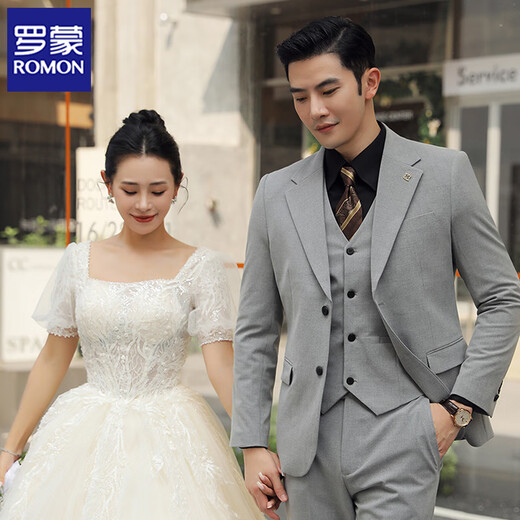 Luo Meng groom wedding suit men's Korean slim dress business professional formal suit men's British tops medium gray double button suit + trousers + vest + shirt XL 120-135Jin Jin equals 0.5 kg