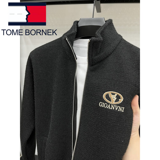 Tommy Shekelly Tommy Spring Fleece Thickened Sweatshirt Jacket High-end Heavy Middle-aged Daddy's Stand-Link Zipper Wool Cardigan Men Grey XL