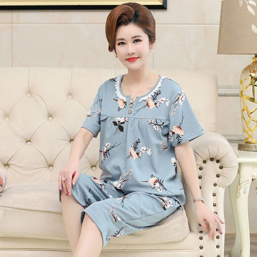 炙夏中年妈妈睡衣女夏季纯棉短袖七分裤中老年人 t3937 2XL (135-155斤)