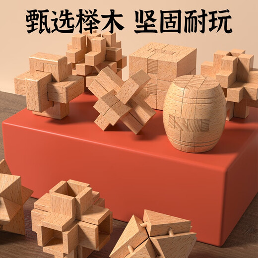 结盟者鲁班锁孔明锁全套实木儿童玩具小学生智力锁解扣榫卯积木儿童玩具 榉木六件套【难度一】套图解/视