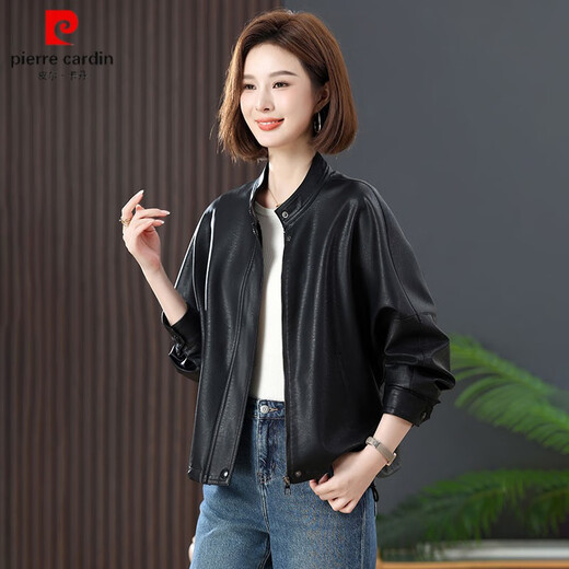 Pier Cardin Haining genuine leather leather jacket for women 2025 spring and autumn new stand collar casual large version leather jacket fashionable slim sheepskin jacket black suitable for 100-120 Jin [Jin equals 0.5 kg] M