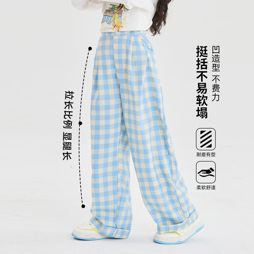 
I.KARNOW girls' wide-leg pants summer and autumn 2025 new style girls' big children's clothing fashionable blue plaid pants children's casual straight pants 15266 blue pants 160