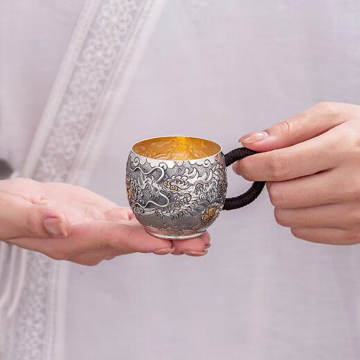 Silver Age Silver Tea Set 999 Pure Silver Set Tenglong Spit Pearl Gift Seiko Embossed Pure Silver Tea Set 1 Pot 3 Cups Approximately 544 Grams