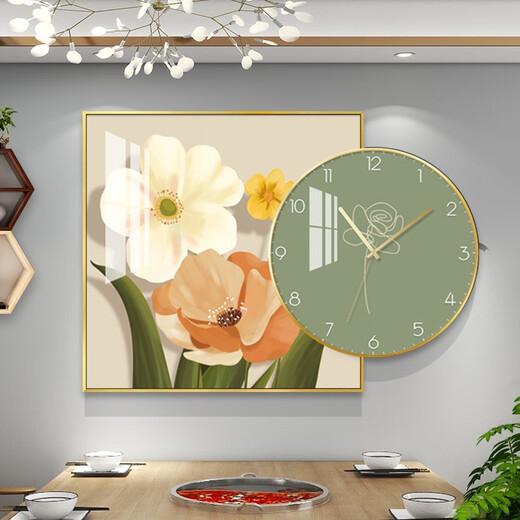 Nordic einfaches und modisches Restaurant mit Uhrenkombinationskombination Gemälde, leichter Luxus -Esszimmer Hintergrund Wandhänge Gemälde, Kristallporzellanbilder, Txmg12608 60*60 cm+Runddurchmesser 40 cm Gesamtlänge 80 Textur Textur