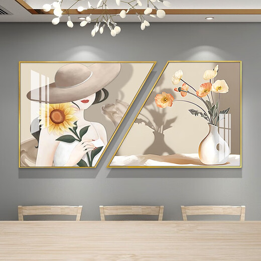 轻奢餐厅装饰画现代简约饭厅挂画餐桌背景墙壁创意组合晶瓷画 TXMG12117 60*70*2/两幅组合60*120质感银3