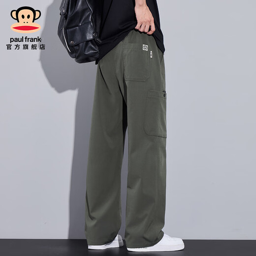大嘴猴（paul frank）美式高街工装男士休闲裤春季新款潮牌复古百搭宽松直筒男装长裤子 军绿色9856【官方正品】 XL 【建议130-150斤】