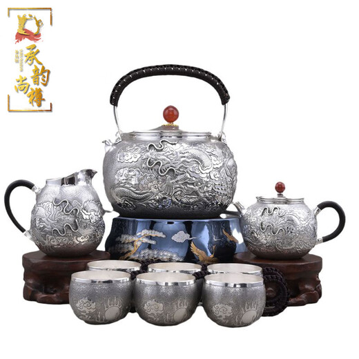 承韵尚樽双龙银壶纯银999茶具套装手工一张打复古足银送礼银茶壶茶杯全套 整套1416克+证书
