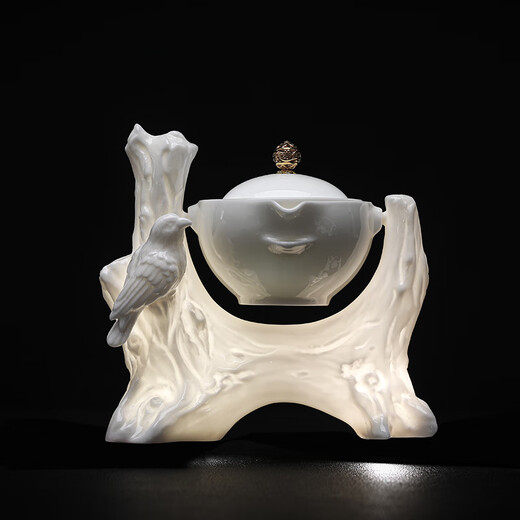 SUSHI CERAMICS Mutton Fat Jade Tea Set Chinese White Kung Fu Automatic Tea Set Jade Flower and Bird Internet Celebrity Model