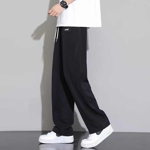 真维斯（Jeanswest）夏季冰丝裤子男生直筒垂坠感薄款运动裤宽松速干夏天男士休闲长裤 K516黑色 2XL 推荐150-175斤