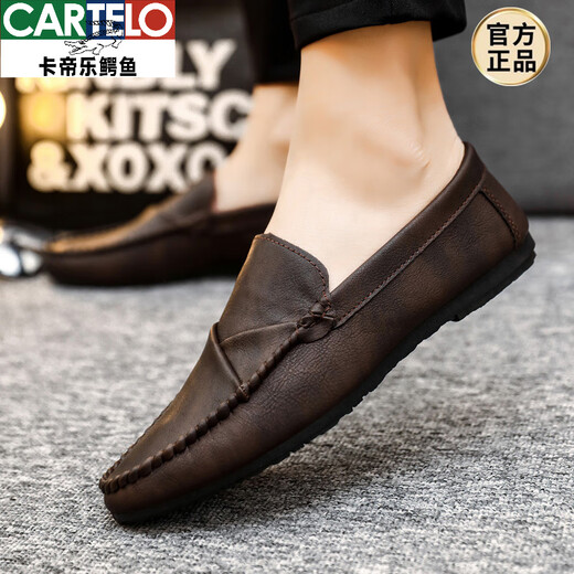 
CARTELO men's beanie shoes Korean version of business work casual leather shoes breathable and versatile non-slip one-foot men's shoes 2025 spring D826 brown 42 small