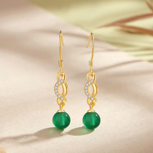 万礼福新中式S925纯银绿玛瑙圆珠耳坠女复古中国风长款耳勾感耳钉 EY681白金色耳坠 925银