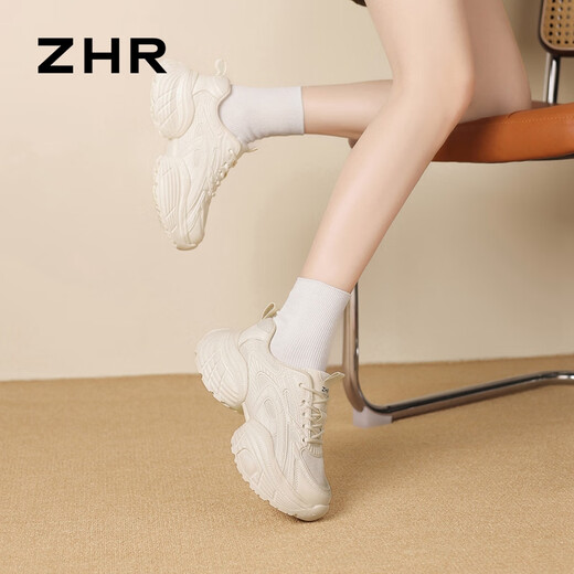 ZHR厚底老爹鞋女新款网面透气女鞋轻便软底耐磨运动鞋女 G753 米色34