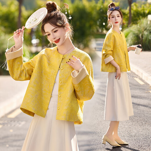 Pier cardinal jaune nouveau jacquard chinois veste courte pour les femmes 2025 printemps et automne new âge réduisant le cou rond polyvalent tang costume top top jaune régulier m (110-120jin [Jin est égal à 0,5 kg]))