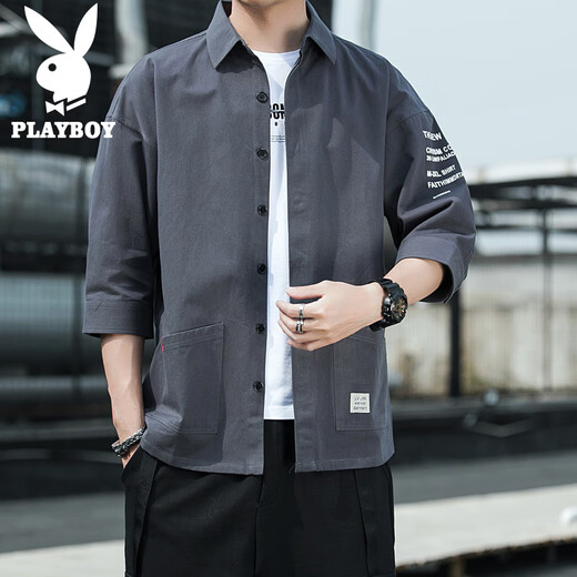 Playboy (Playboy) Shirt Herren Sommerhemd Herrenjacke Casual Viertel Ärmel Herren Kurzarm Lose Shirt Grau XL