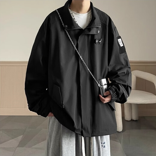 Yiran Presents Jacket Men's Spring and Autumn American Work Wear, Handsome Youth Casual Loose Lapel Loose Personality Versatile Men's Jacket Black XL Recommended 115-140 Jin Jin equals 0.5 kg