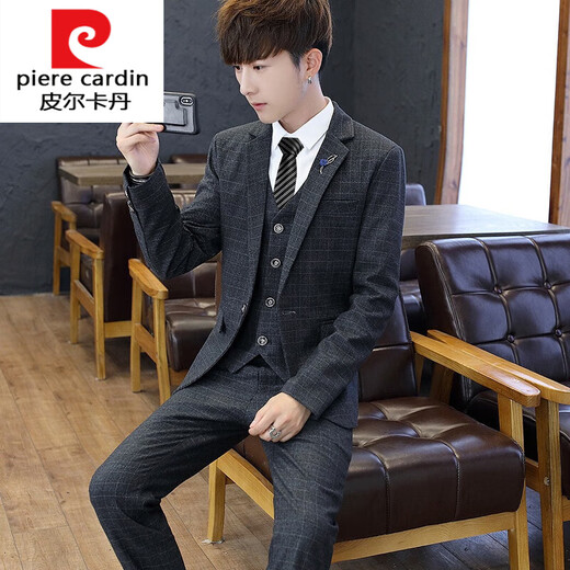 皮尔卡丹（pierre cardin）西服套装男士商务职业正装韩版修身伴郎新郎结婚礼服小西装潮针织 802黑色西服+马甲+衬衫+西裤/4件 M (建议90-105斤穿)
