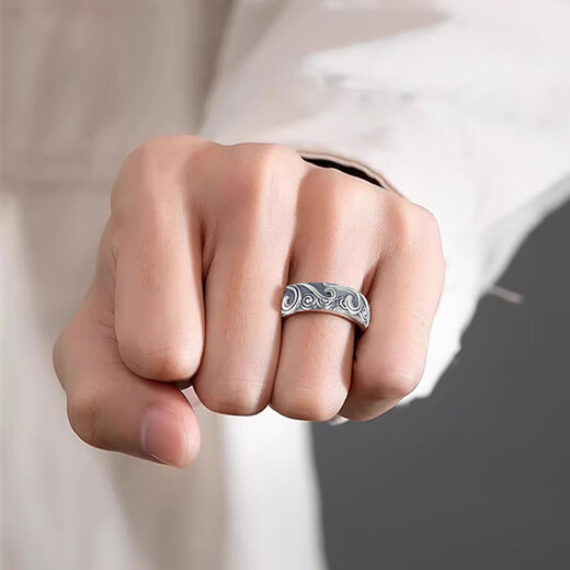 KZD Old Phoenix 999 pure silver material sterling silver auspicious cloud ring men's trendy male ruffian handsome single adjustable size plain silver auspicious cloud charm ring opening can be