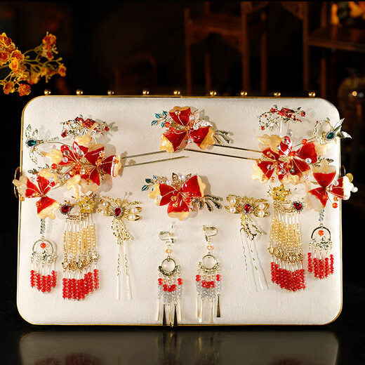 Youshu headdress Xiuhe Chinese style bridal headdress wedding Xiuhe clothing headdress high-end simple and elegant golden red face small model headdress + ear clip