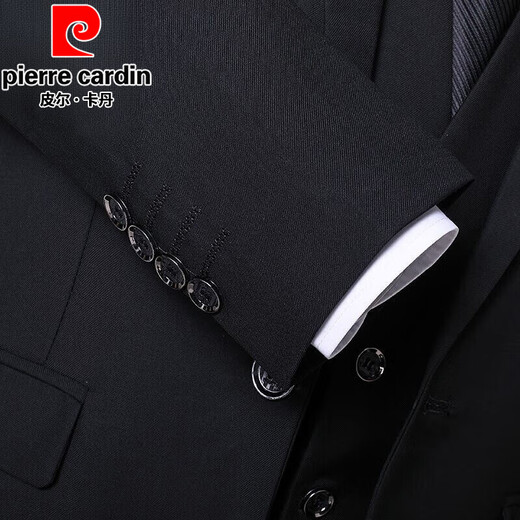 皮尔卡丹（pierre cardin）西服套装男士商务修身职业正装小西装男伴郎服装新郎结婚礼服外套 黑色双扣【西服+西裤+马甲+衬衫+领带+礼盒装】 3XL 185【适合145-160斤】