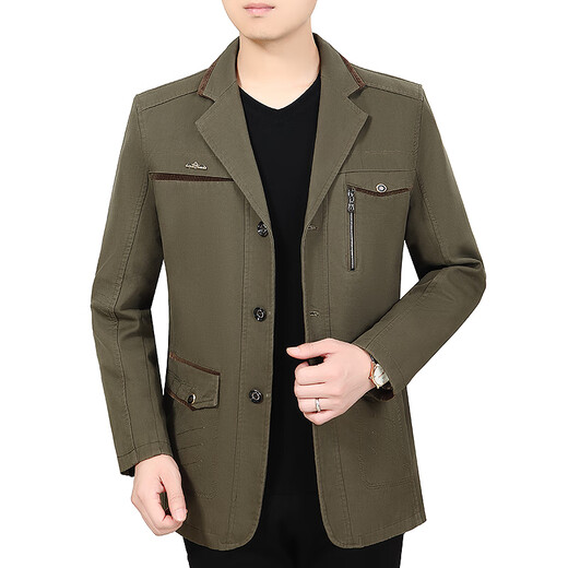 Pierre cardin spring and autumn men's clothing middle-aged men's pure cotton jacket casual daddy autumn jacket suit collar mid-length jacket deep khaki [stand collar] 180 XL