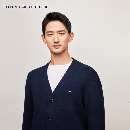TOMMY HILFIGER【纯羊毛】秋冬男纽扣V领慵懒风宽松针织羊毛开衫外套36553 藏青色DW5 S （推荐：120-135斤）