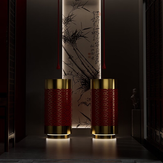 Nueva columna de acero inoxidable de estilo chino Hotel B&B Baño redondo Redonda Washbasin Washbasin Gold + Red 3883 Wave Pattern-Cilindrical Basin