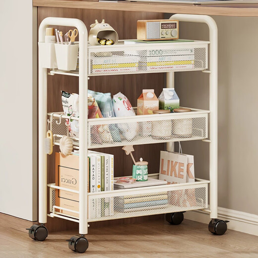 Julihui Dormitory Trolley Storage Rack Dormitory Desk Small Bookshelf Removable Wheeled Snack Multi-layer Slit Storage Cabinet 3-layer White-Luxury Thickened Pulley + Hook